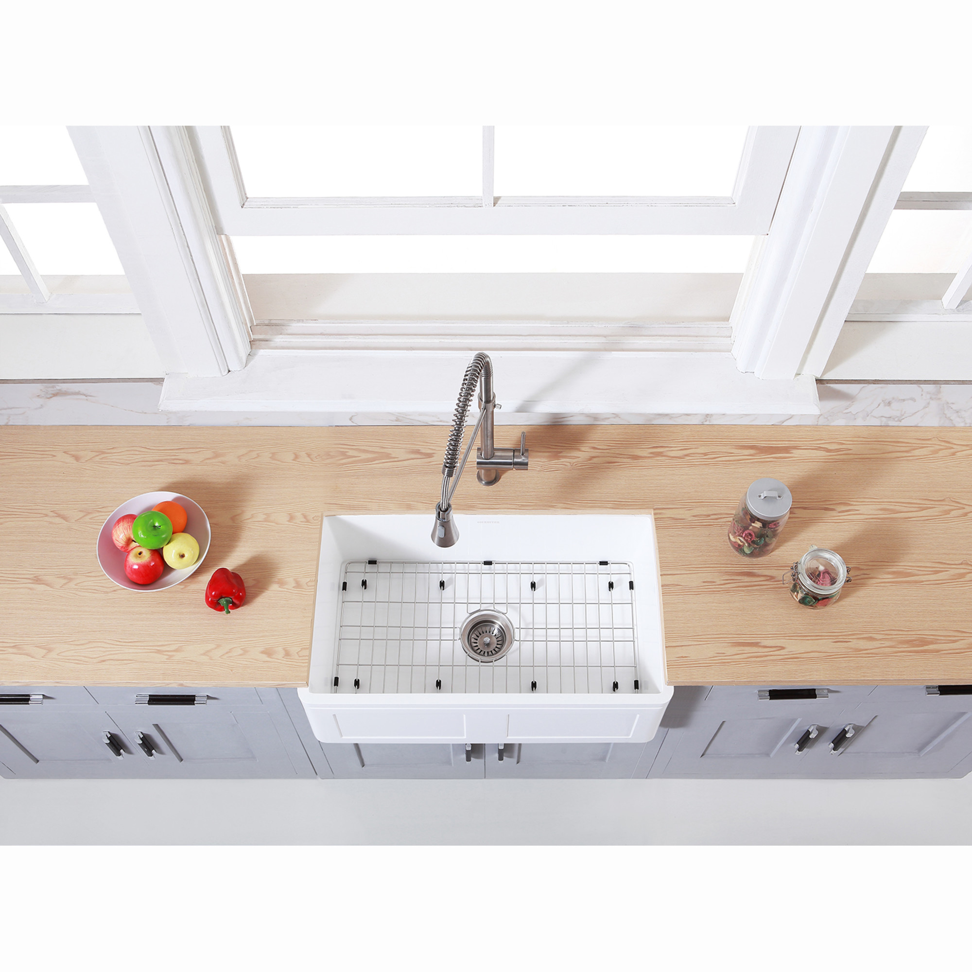 Gourmetier KGKFA301810DS Arcticstone 30-Inch Solid Surface White Stone Apron-Front Single Bowl Farmhouse Kitchen Sink with Strainer and Grid in Matte White/Brushed