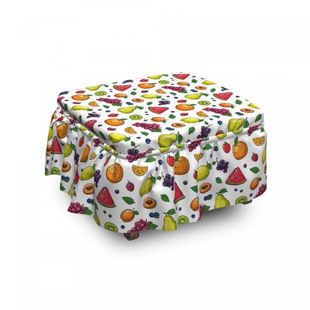 Fruit Ottoman Cover  Grapes Kiwi Watermelon Berry  2 Piece Slipcover Set with Ruffle Skirt for Square Round Cube Footstool Decorative Home Accent  Standard Size  White and Multicolor  by Ambesonne