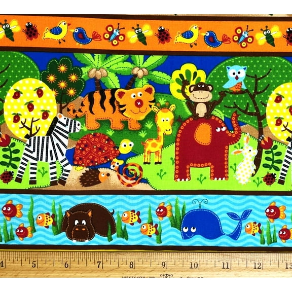 1 Yard - Baby Jungle Animals Stripe Cotton Fabric (Great for Quilting, Sewing, Craft Projects, Throw Pillows & More) 1 Yard X 44" Wide