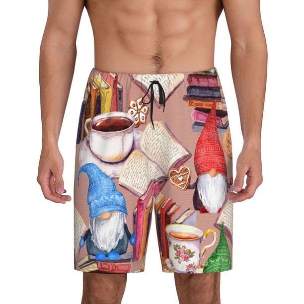 Fotbe Gnomes Books Tea Cups Pantalones Cortos de Pijama para Hombre, Ropa de Dormir, Pantalones de Pijama Cortos para Hombre-X-Large
