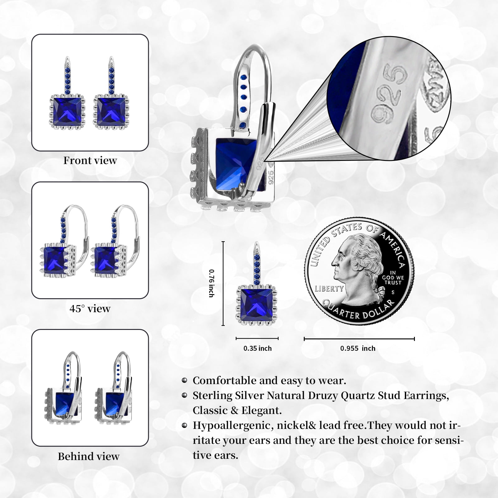 925 Sterling Silver Lever Back Earrings with Princess Cut Cubic Zirconia for Women
