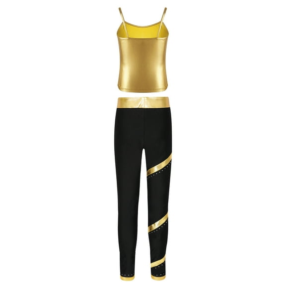 Raenseen Kids Girls Hip Hop Dance Outfit Girls Sparkly Camisole Tank with Shiny Rhinestones Pants Gold 6