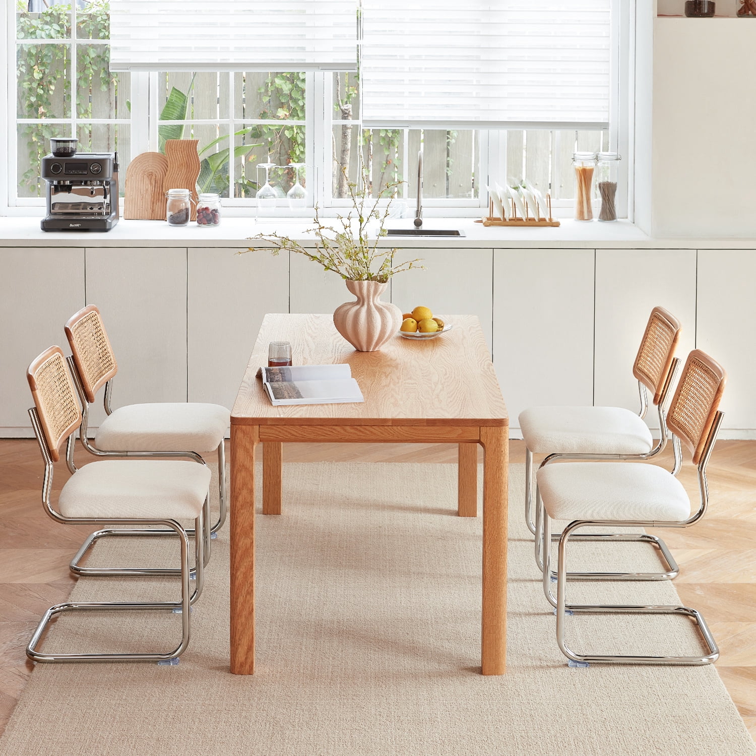 Set Of 4 Brown Faux Leather Rattan Dining Chairs - Mid Century Modern, Chrome Metal Legs, Cesca Style