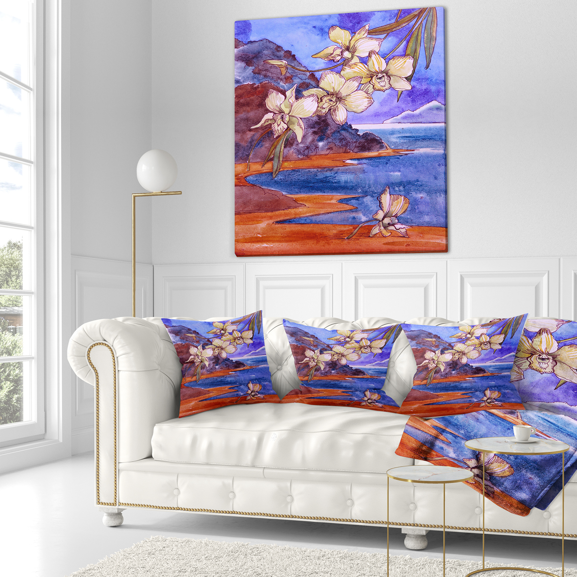 Designart White Orchid with Sea - Floral Throw Pillow - 18x18