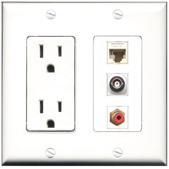 RiteAV - 15 Amp Power Outlet 1 Port RCA Red 1 Port Shielded Cat6 Ethernet Ethernet 1 Port BNC Decorative Wall Plate