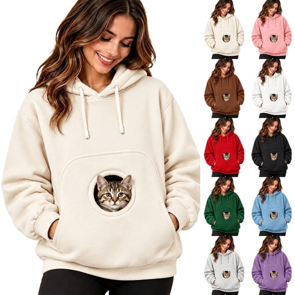 Stralyhd Unisex Hoodies with Pet Pouch Oversized Cat Carrier Large Front Pocket Loose Sweatshirt Animal Holder Cozy Long Sleeve Hoodies Beige 2XL