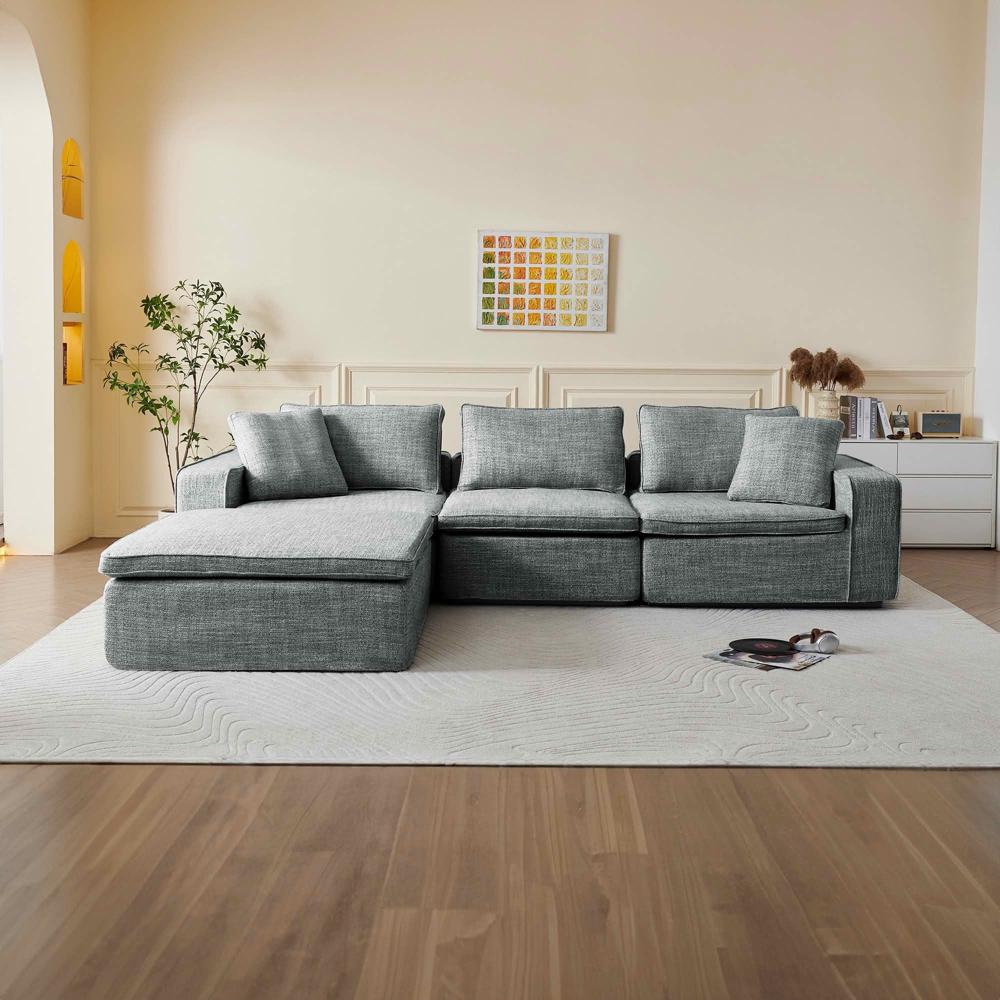 MAYEERTY 131in 4-Seater Cloud Couch with Ottoman, Washable Linen Cover, Pocket Springs & Compressed Delivery，Dark Gray