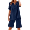 thumbnail image 5 of Linen Short Sets for Women 2 Piece Outfits Short Sleeve Button V Neck Shirts and Bermuda Short Sets Vacation Clothes Navy M, 5 of 7