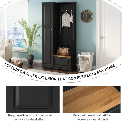 Hall Tree with Flip-Up Bench and Shoe Cabinet, Adjustable Shelves, Hooks, Entryway Mudroom Furniture, Black