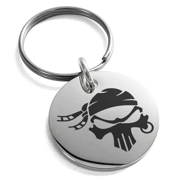 Stainless Steel Pirate Bandit Skull Engraved Small Medallion Circle Charm Keychain Keyring