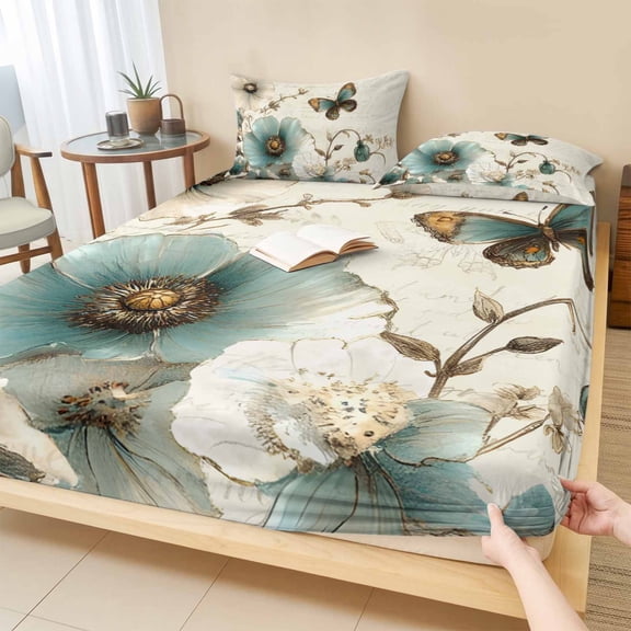 Queen Size Fitted Sheet Set - Turquoise Tulip 3 Piece Bedding Sets 16" Deep Pocket Fitted Sheet with 2 Pillowcases, Spring Vintage Botanical Butterfly Floral Brushed Microfiber Luxury Bed Sheets
