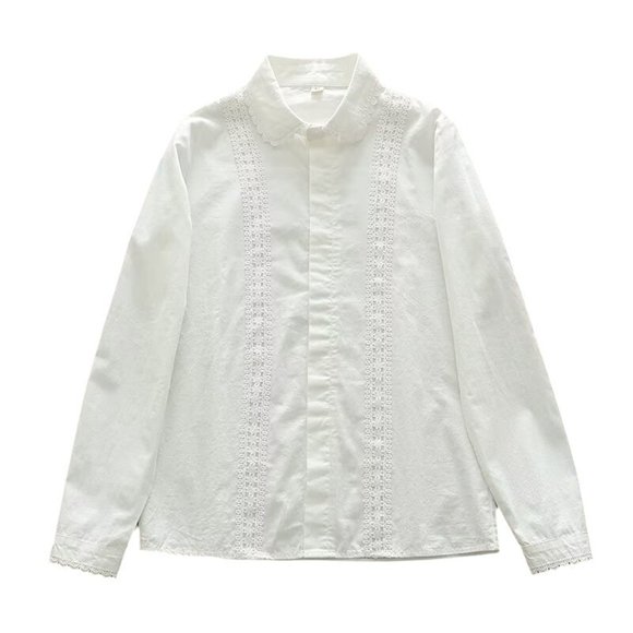 Birdeem Womens Fashion Solid Color Casual White Shirt Tops Lace Long Sleeve Button Blouse
