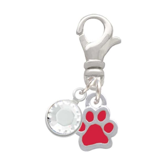 Delight Jewelry Silvertone Mini Translucent Red Paw - Silvertone Clip on Charm with Clear Crystal Drop