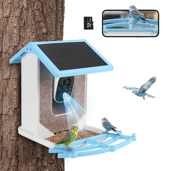 Smart Bird Feeder with Camera, AI Identification and Solar Powered,1080P Auto Capture & Notify,Ideal Present for Bird Lover, Blue