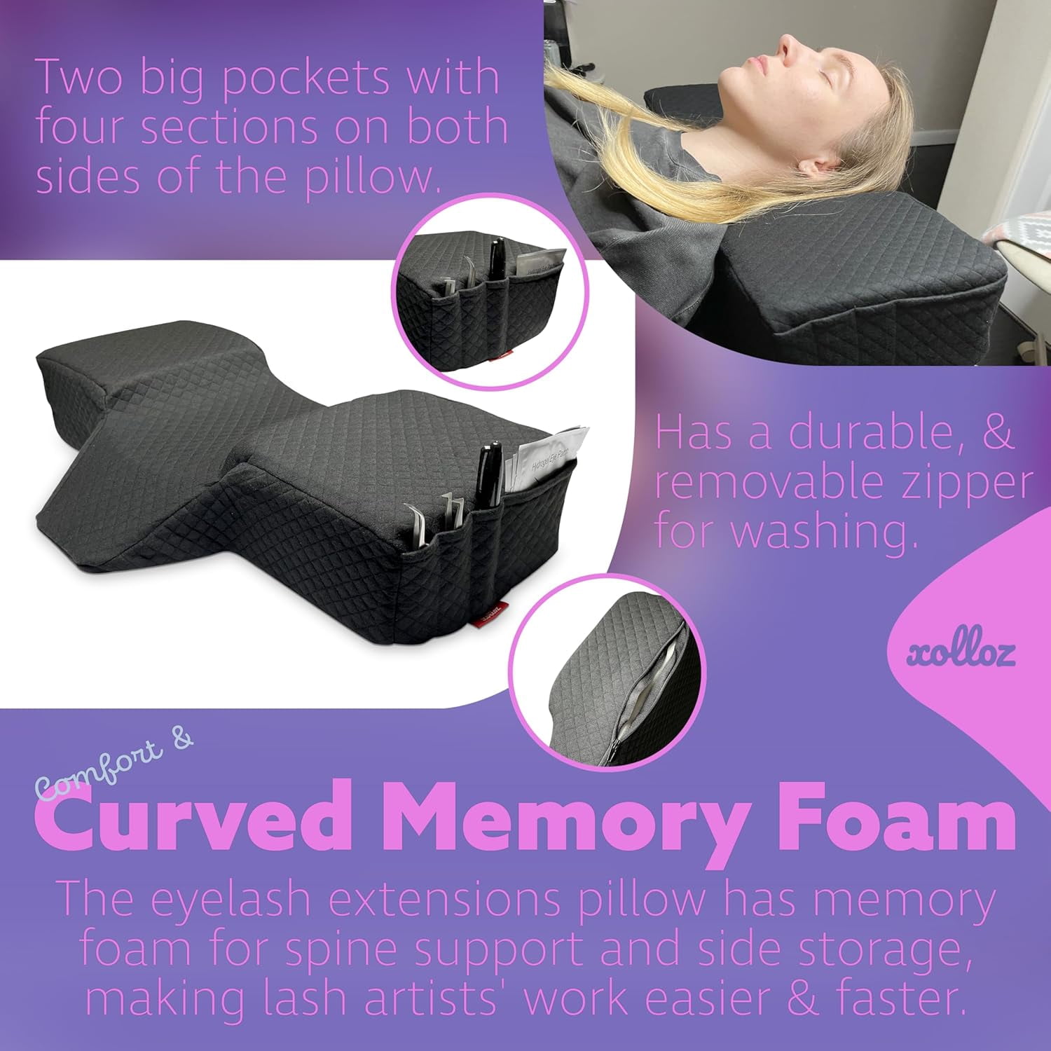 Pillow for Eyelash Extensions - Curved Memory Foam Lash Bed Pillow with Neck and Back Support, Perfect Pillow for Eyelash Extensions, Two Pockets for Tools On The Sides of Pillow (Black)