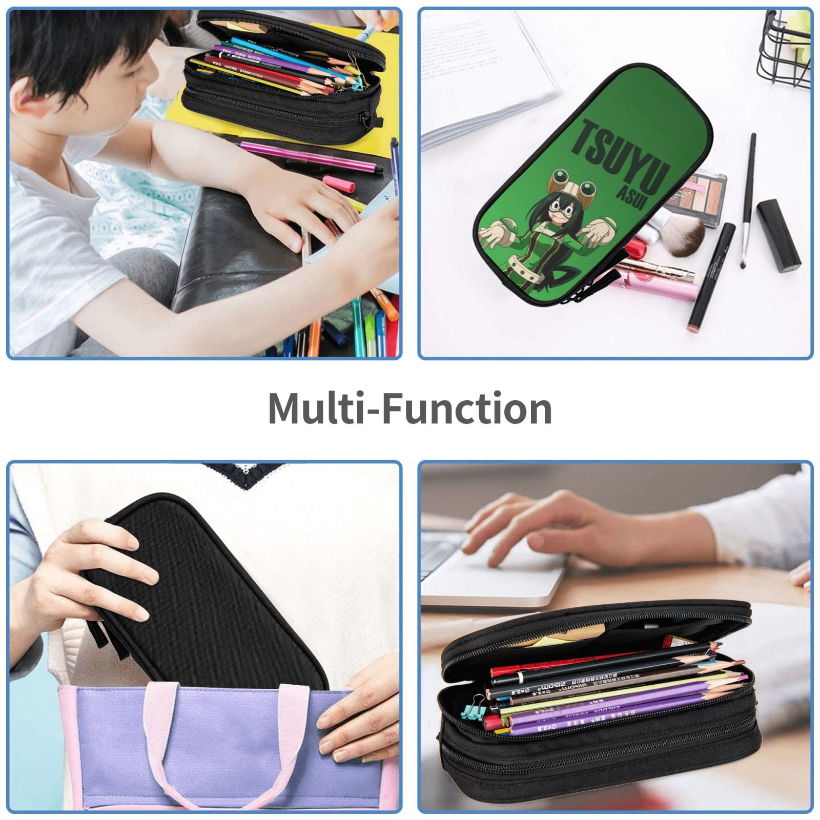 My Hero Academia Tsuyu Asui Pencil Case Large Capacity Pencil Pouch Pen Bag Office Stationery Organizer Travel Makeup Bag Black