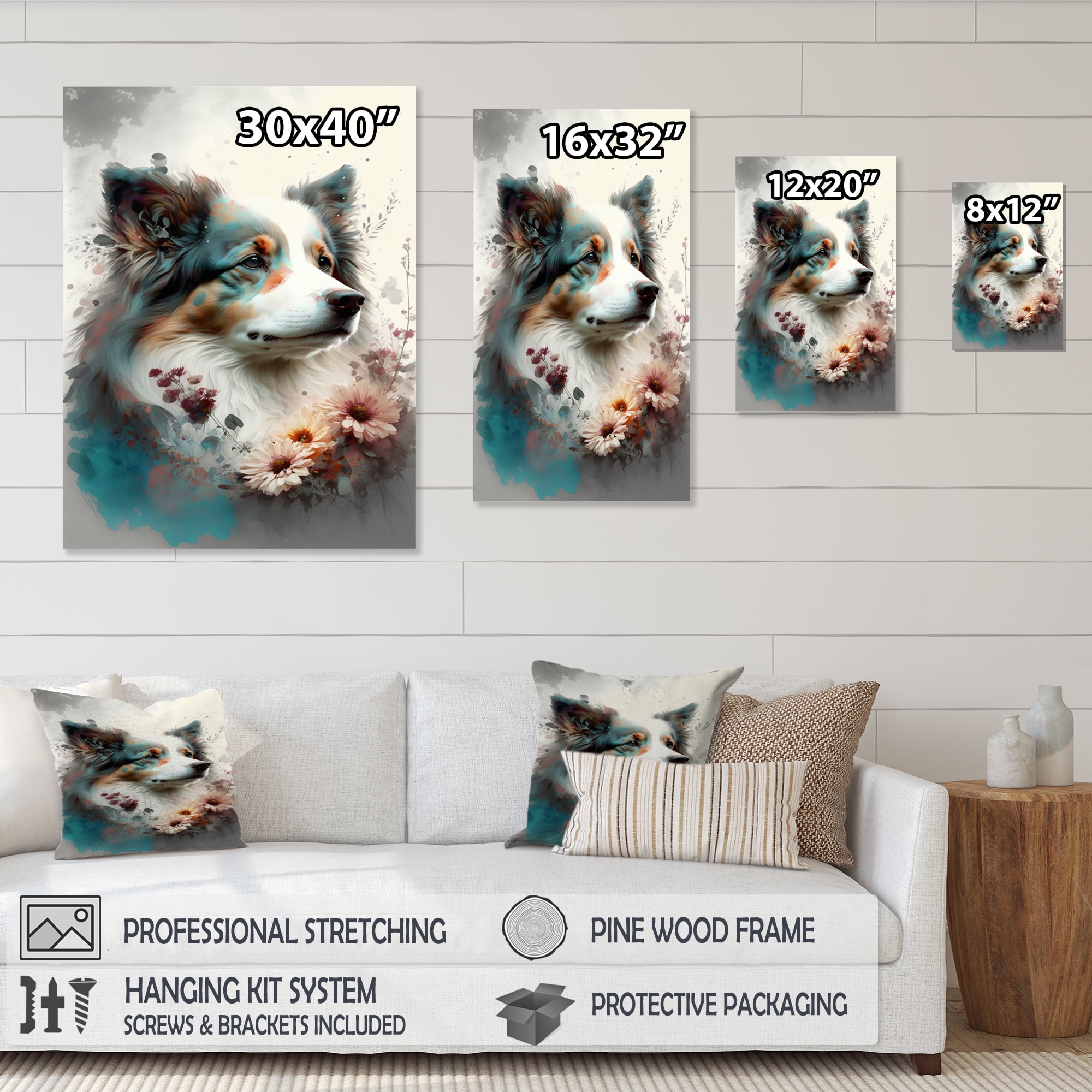 Designart Cute Dog Floral Art IV Canvas Wall Art