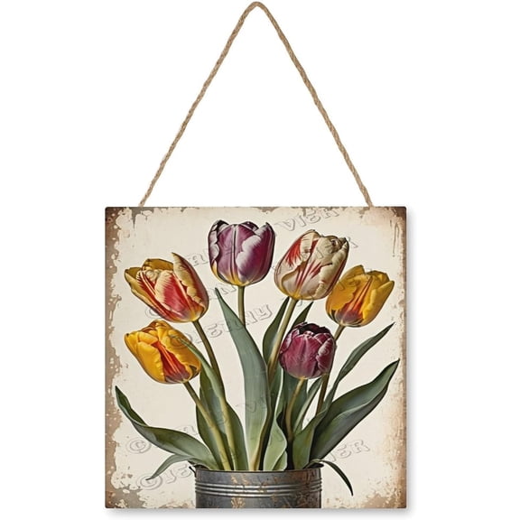 Tulip Wall Art Wooden Sign Flower Decor Rustic Farmhouse Decor Vintage Pictures for Bedroom Bathroom Kitchen Wall Decorations Bar Interior Decor 12"x12" Wooden Hanging Signs