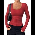 thumbnail image 2 of Camisas de Larga con Cuello Redondo para Mujer, Blusas Informales de Punto Acanalado de Corte Ajustado, Camisetas Básicas de Trabajo para Verano y Otoño. Rojo XXL, 2 of 9