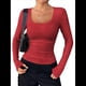 thumbnail image 2 of Camisas de Larga con Cuello Redondo para Mujer, Blusas Informales de Punto Acanalado de Corte Ajustado, Camisetas Básicas de Trabajo para Verano y Otoño. Rojo L, 2 of 9
