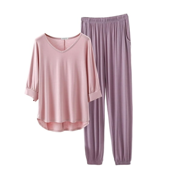 FAIWAD Womens Pajama Sets 3/4 Sleeve V-Neck Tops and Elastic Waistd Pants Nightwear 2 Piece Lounge Set with Pockets