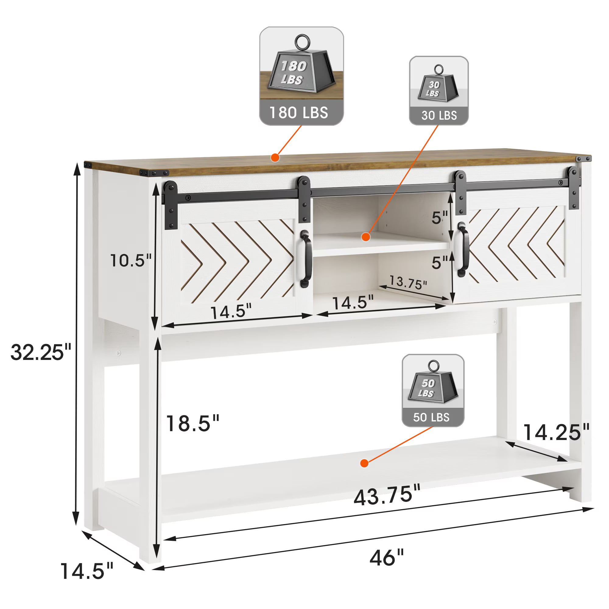 Aukfa 46" Farmhouse Console Table with Storage Shelf & Sliding Barn Doors, Wood Entryway Table with Storage for Living Room, Hallway, Foyer, White/Oak