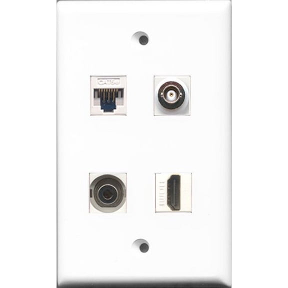 RiteAV - 1 Port HDMI and 1 Port 3.5mm and 1 Port BNC and 1 Port Cat5e Ethernet White Wall Plate