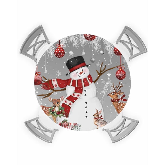 nqOlkjepod Grey Christmas Round Tablecloth, Fitted Table Cover with Elastic for 36"-44" Round Tables, Snowman Elk Balls Snowflake Xmas Table Cloth Outdoor Indoor Dinning Party Waterproof Tablecloths