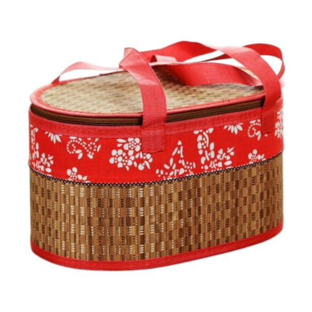 Cesta tejida de bambú, cesta de bambú con tapa, asas dobles tejidas a mano, cesta de regalo, cesta de almacenamiento de alimentos para fiestas, rojo