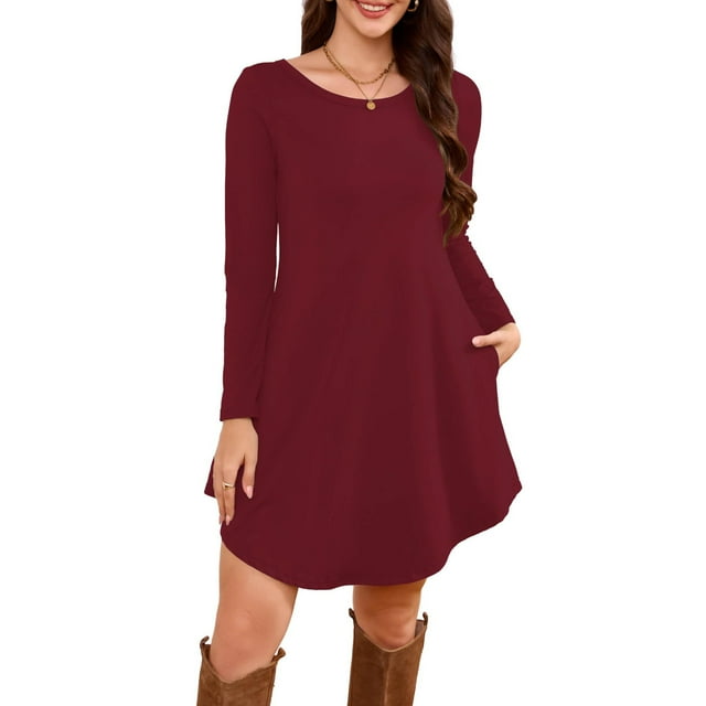 Robe T-Shirt à Poche, Robe Midi Ample à Manches Longues à Col Rond, Robe Facile pour Tous les Jours pour Femmes, Maternité, Voyage et Tenue de Fin de Semaine Bourgogne TG