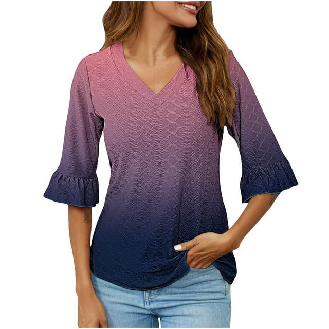 UNITWRY Summer Tops For Women Half-Sleeve V-Neck Blouse T-Shirt Gradient Ruffled Sleeve Tunic Top