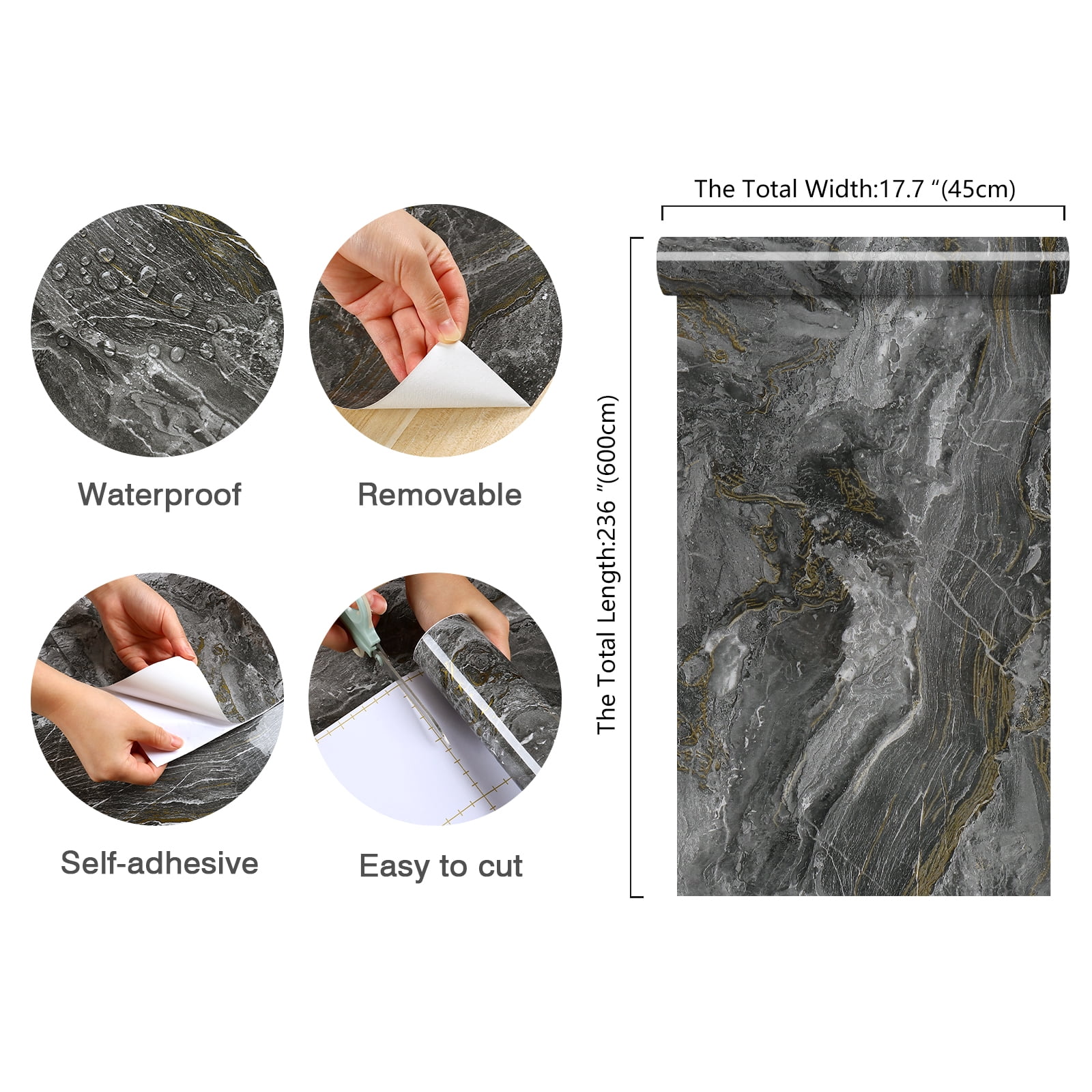 CHIHUT Dark Grey Marble Peel and Stick Countertops Contact Paper 17.7"x236" Waterproof Peel and Stick Marble Wallpaper for Kitchen Counter Tops Self Adhesive Marble Contact Paper for Cabinets Liners