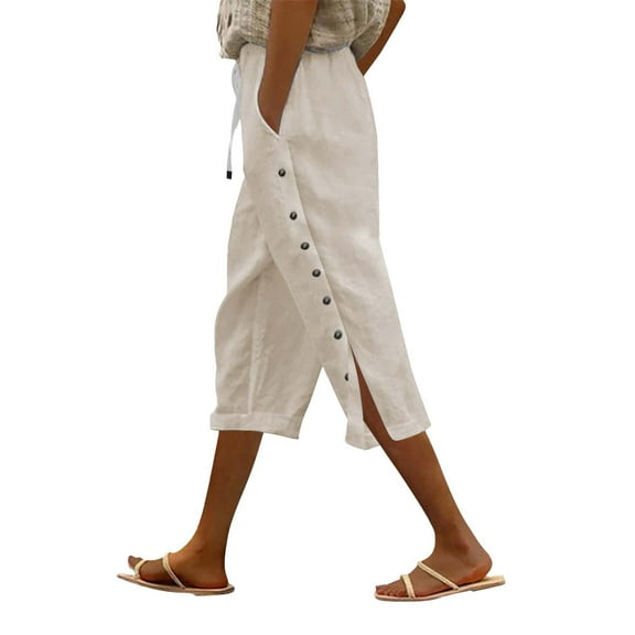 Outfmvch Linen Capri Pants for Women With Pockets Capri Pants with Lace Side Capris Drawstring with Pockets Pull On Elastic Gauze Pants Summer Outfits 2026 Trendy Wide Leg Crop Pants Beige S-2XL