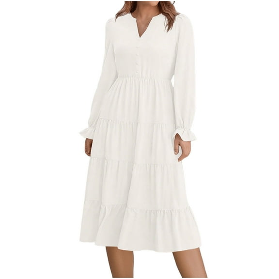 asdoklhq Church Dresses for Women Ladies' Elegant Long Sleeved Pleated Layered Casual Dress Long Sleeved Round Neck Mid Calf Dress White 2X
