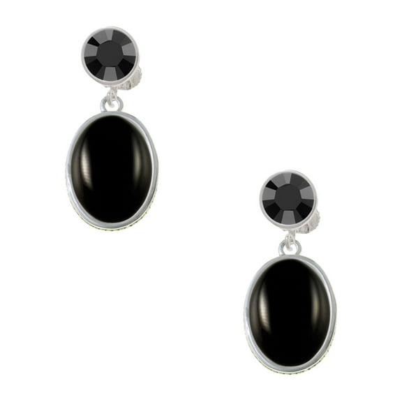 Delight Jewelry Silvertone Small Black Acrylic Oval Black Crystal Clip on Earrings
