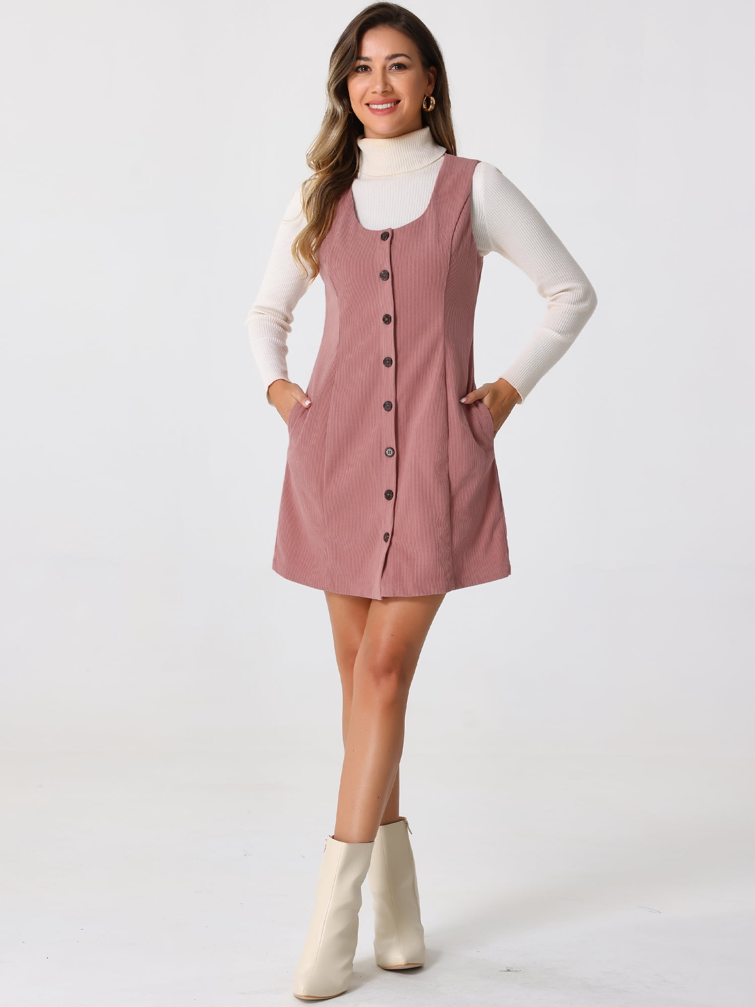 DARING DIVA Women's Corduroy Button Down Pinafore Overall Dress L Pink