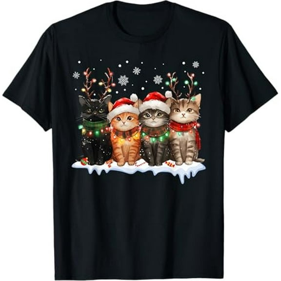 MilkCho Cat Christmas Lights Reindeer Santa Tee, Cat Lover Holiday Shirt for Men, Women