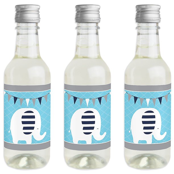 Blue Elephant - Mini Wine and Champagne Bottle Label Stickers - Boy Baby Shower or Birthday Party Favor Gift for Women and Men - Set of 16
