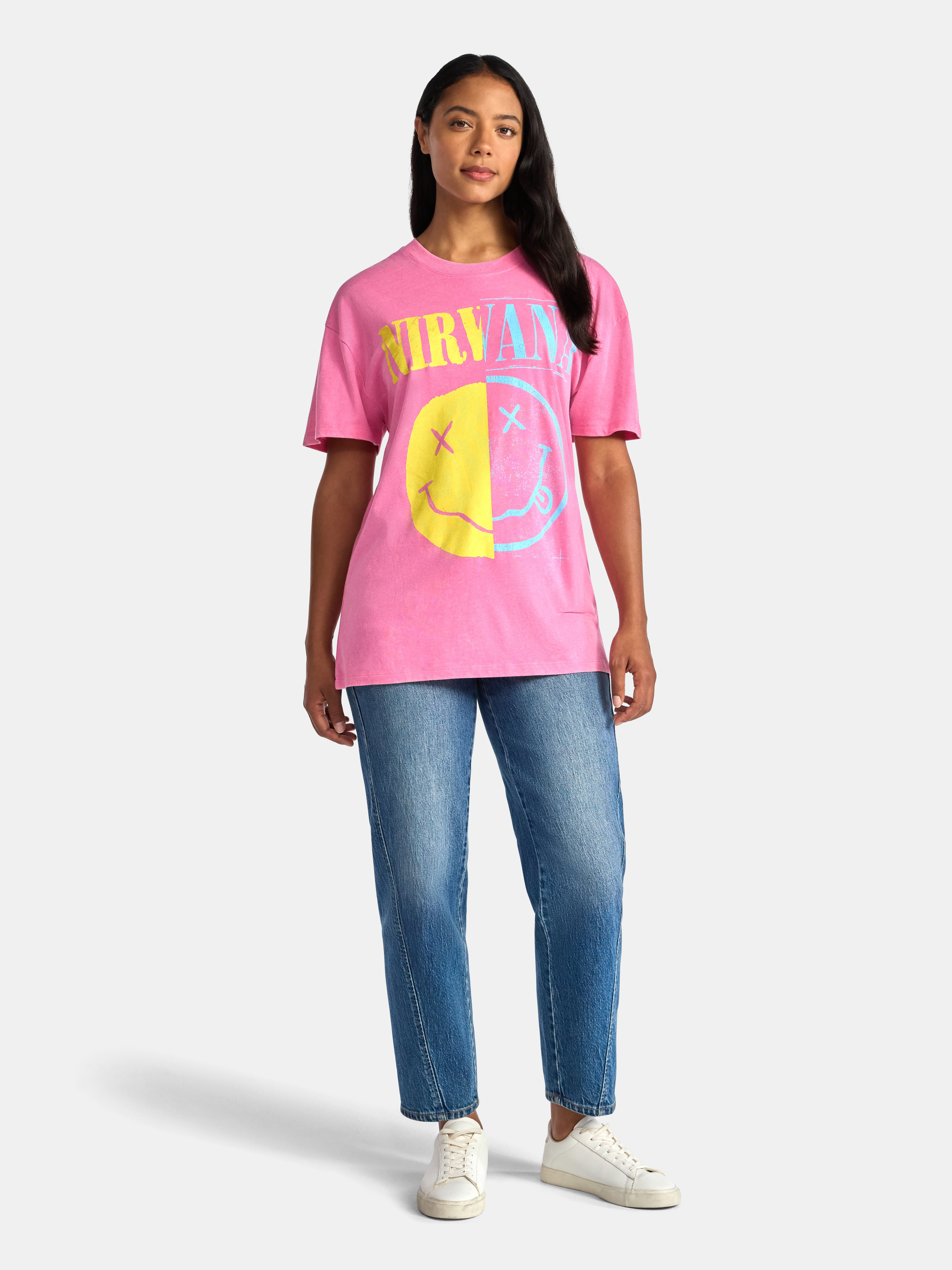 Nirvana Women's Front Back Graphic Band Tee with Short Sleeves, Sizes XXS-XXL