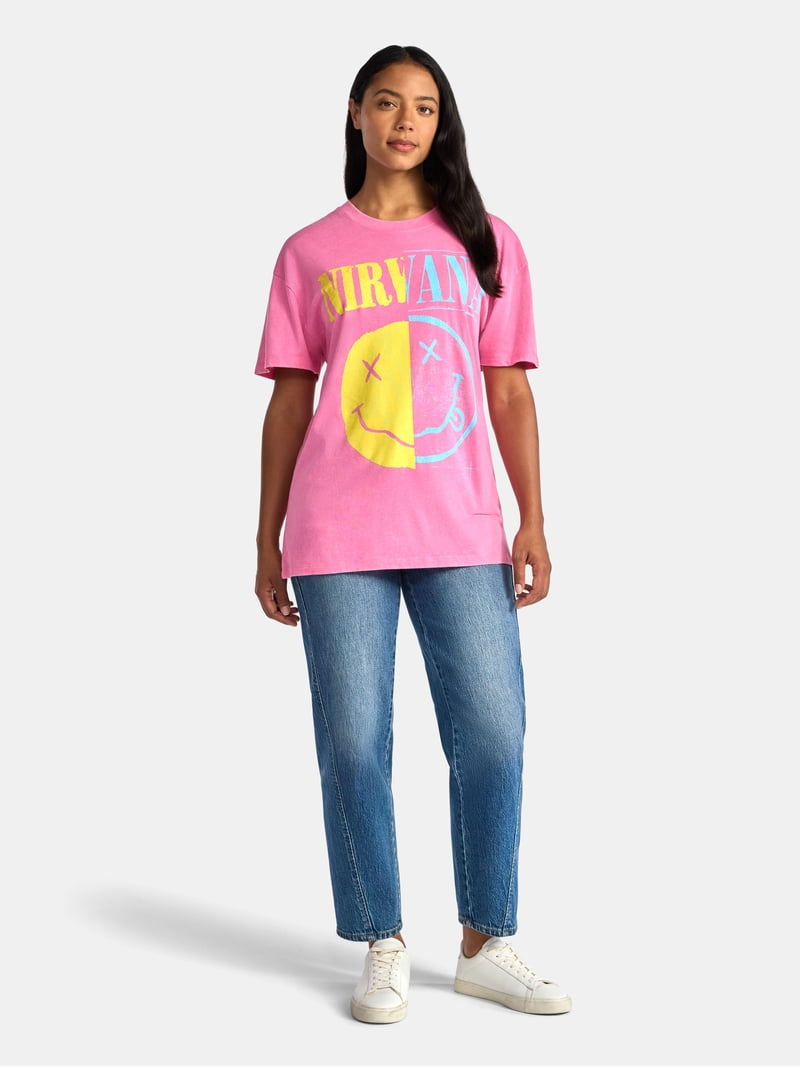 Nirvana Women's Front Back Graphic Band Tee, Short Sleeves, XXS