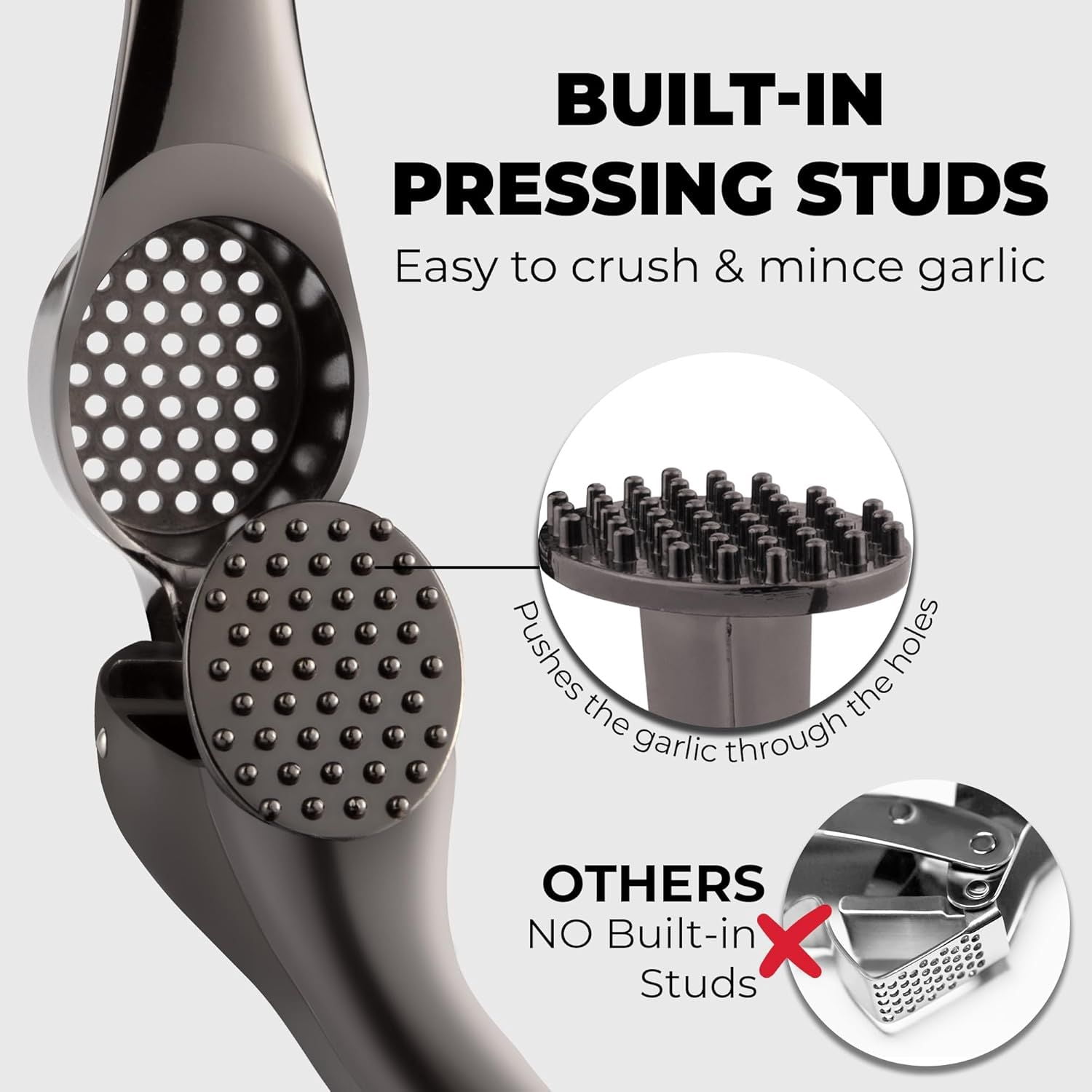 Medium Dark Gray Rust Proof Garlic Press Set Dishwasher Safe Mincer with Silicone Peeler & Brush