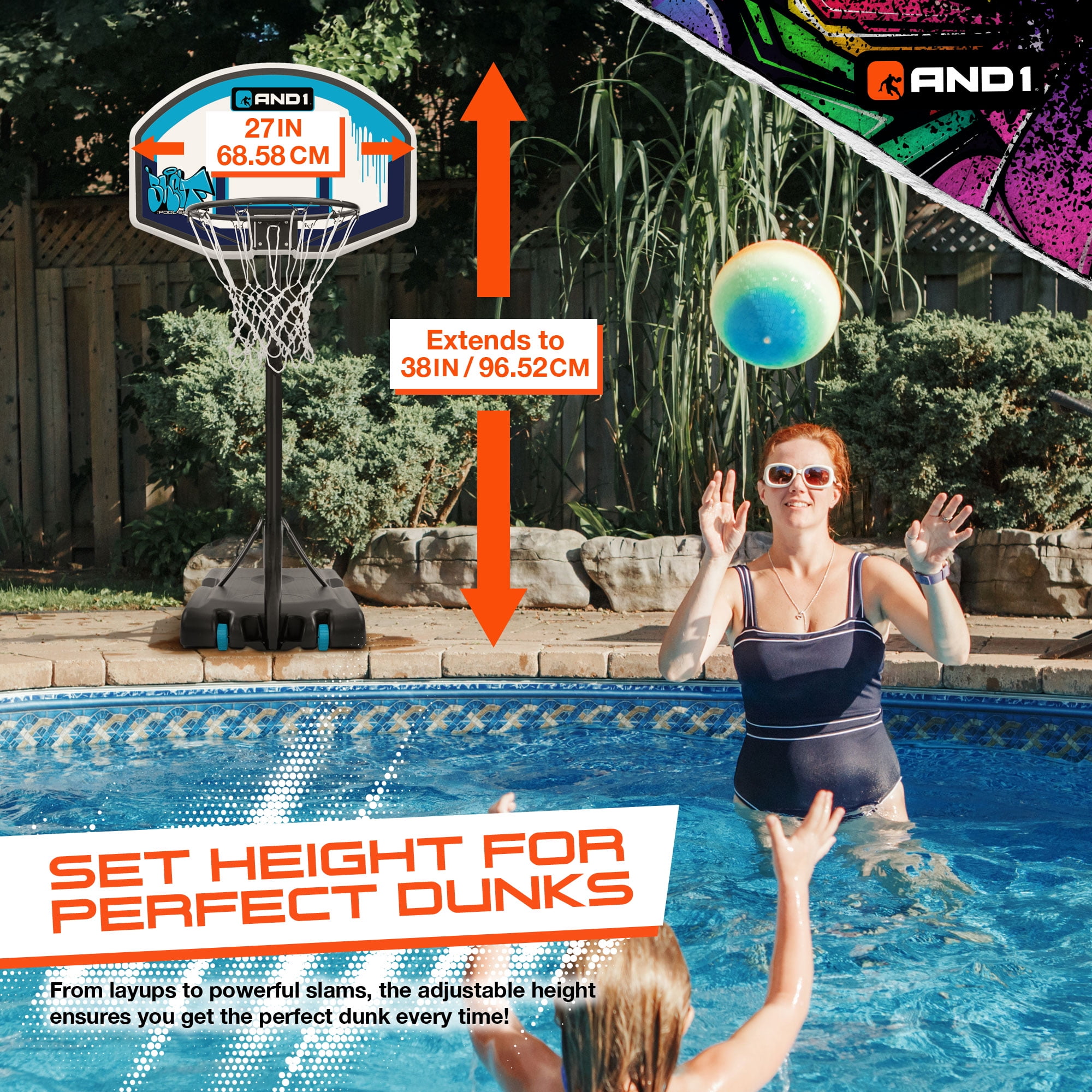AND1 Adjustable Poolside Basketball Hoop, Shatterproof Grade 27" Backboard, All Weather Design
