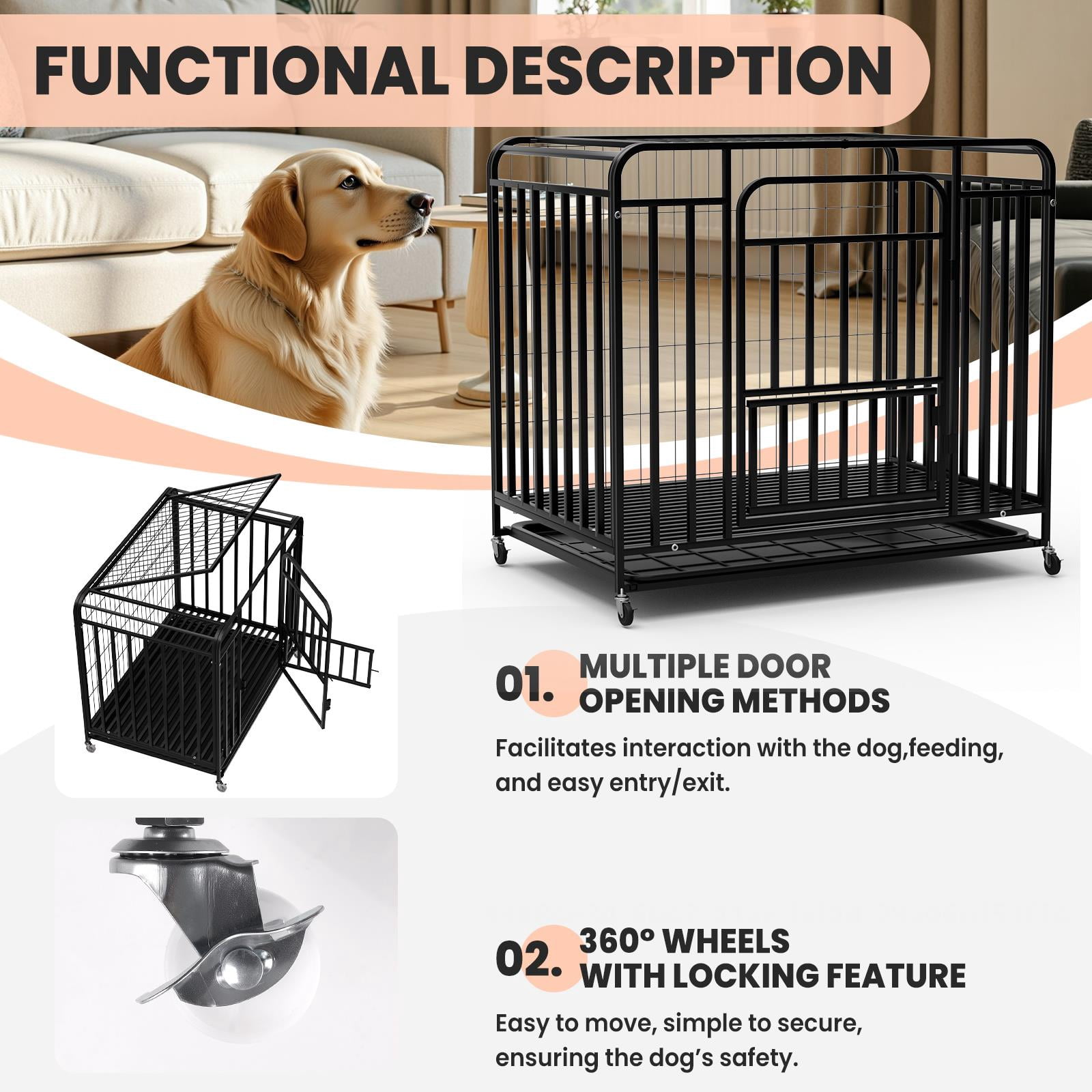 Alloy Steel Dog Crate with Front & Top Door, 36.4" Indoor Outdoor Dog Kennel with Lockable Wheels, Removable Tray for Easy Cleaning
