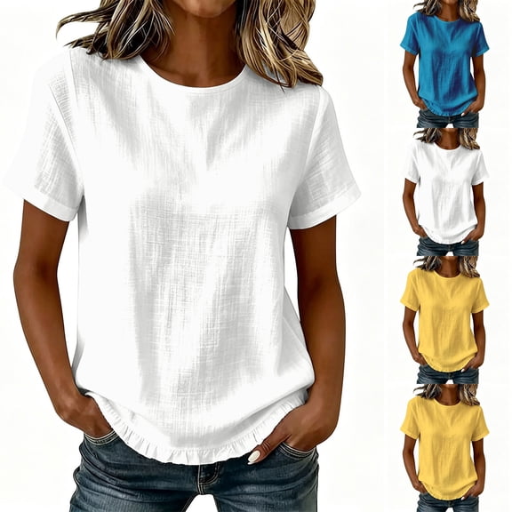 Thousandth Cotton Linen Shirts for women Casual Summer Tops Short Sleeve Crew Neck T-Shirts Loose Fit Tunic Tops Comfy Work Plain Blouse Tees