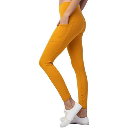 P6043 Women's High Waist Side Pockets Yoga Athletic Pants Workout Running Power Flex Workout 4 Way Stretch Leggings Non See-Through Fabric Mustard
