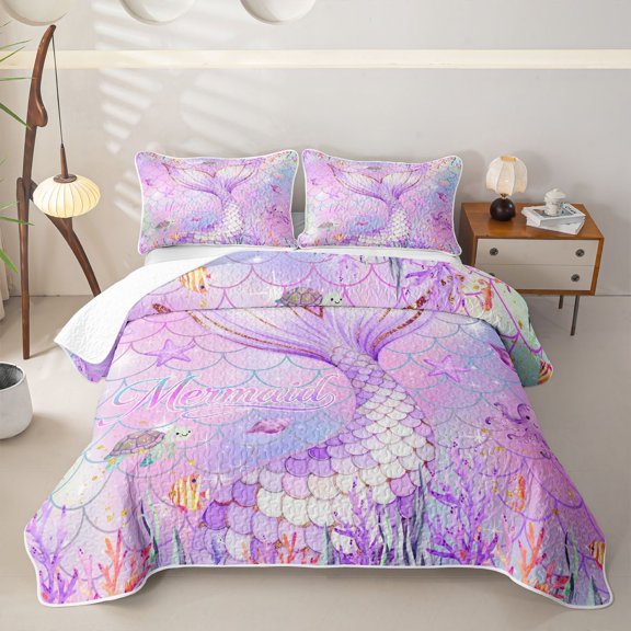 Erosebridal Pink Mermaid Tail Twin Quilt Set for Girl, Marine Animal Twin Coverlet Set, 2pcs