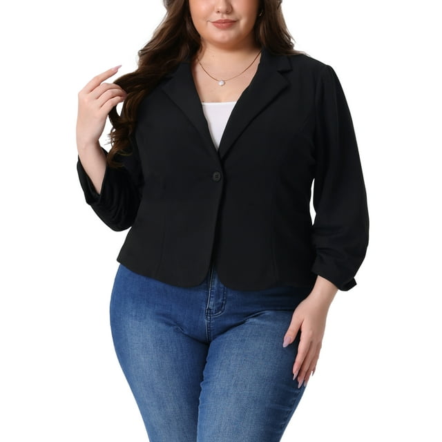 Blazers de mujer de talla grande GRACE & GRANDEUR, con mangas 3/4 fruncidas, solapa de muesca, botón, blazer de traje de negocios casual 1X negro