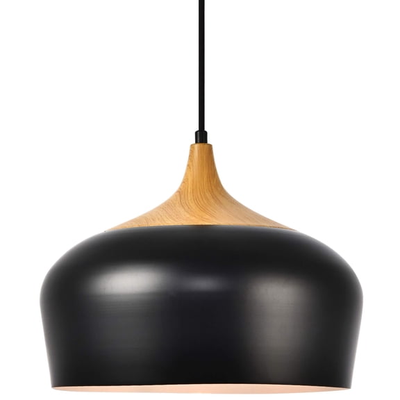 Maklaine Transitional 1 Light Aluminum Pendant in Black & Natural Wood