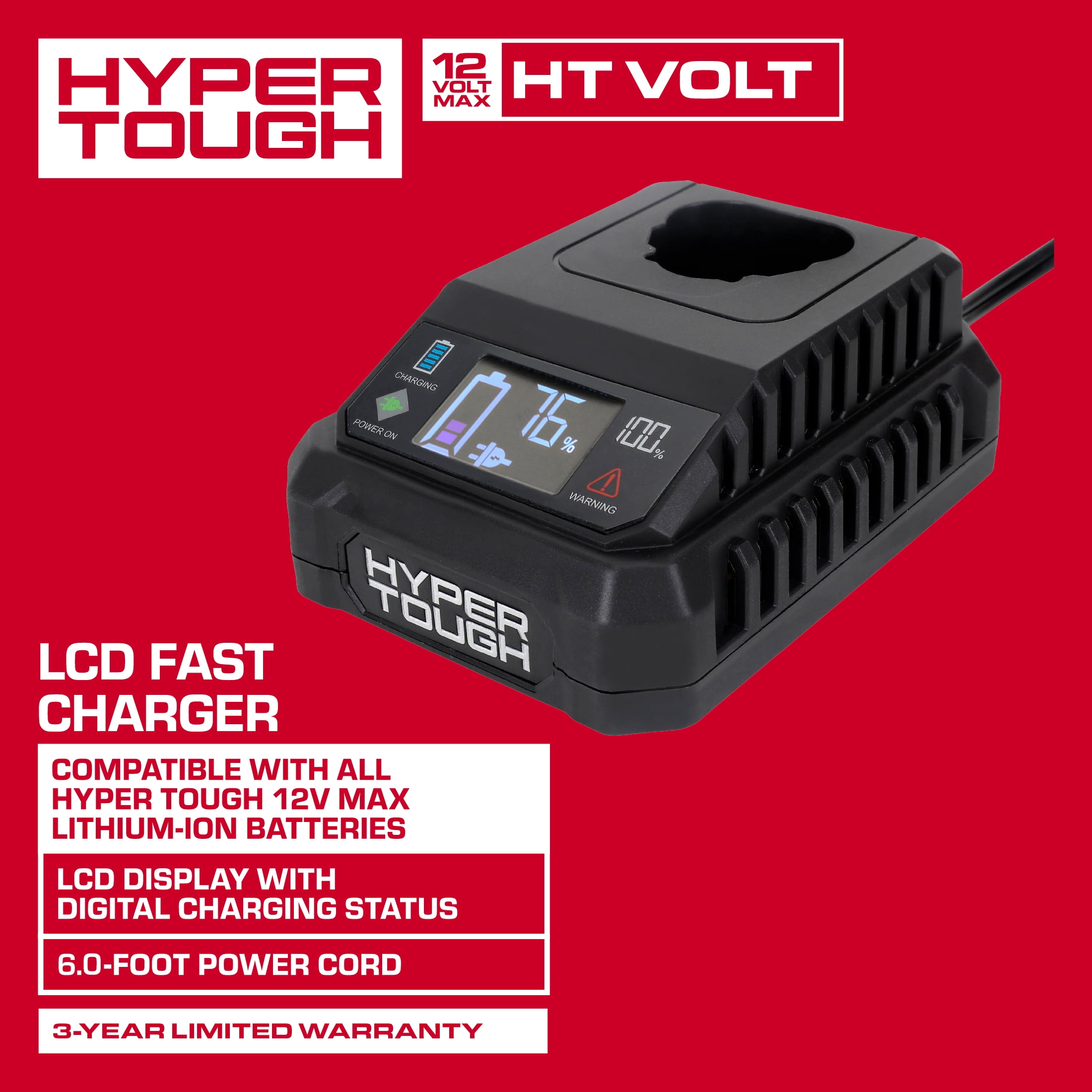 Hyper Tough 12V LCD Display Fast Charger with 2.4Ah and Charge Indicator