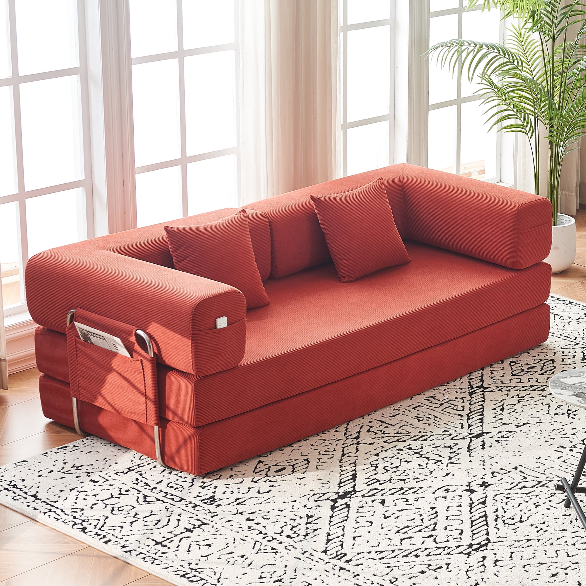 79" Convertible Sofa Bed ,CARZZI LIFE Compressed Floor Boneless Couch Modular Corduroy Sleeper Sofa, Folding Mattress Couch for Small Spaces - No Assembly Needed in Orange with Storge